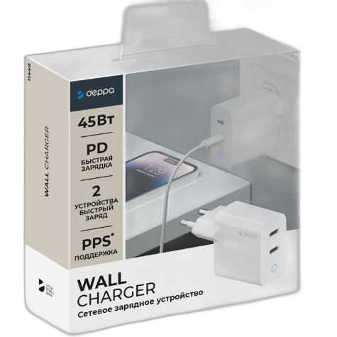 Адаптер Deppa GaN 2xUSB-C 45W (White)