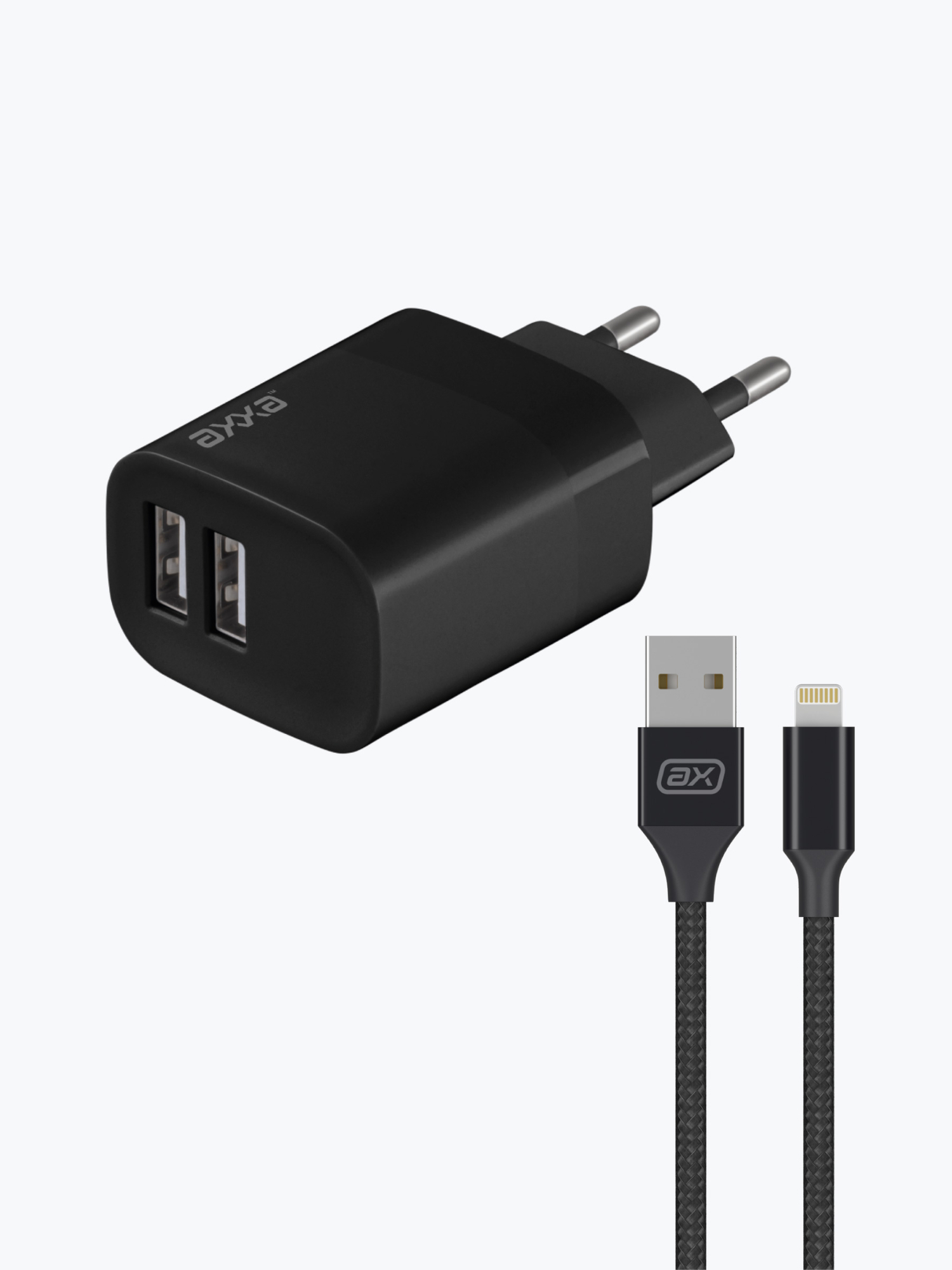 Адаптер Axxa 2xUSB-A 12W с кабелем Lightning 1m (Black)