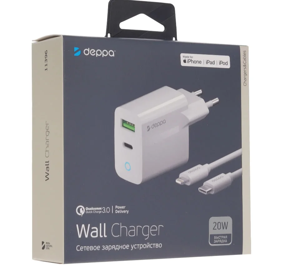Адаптер Deppa Wall Charger USB-A + USB-C 20W с кабелем Lightning 1m (White).
