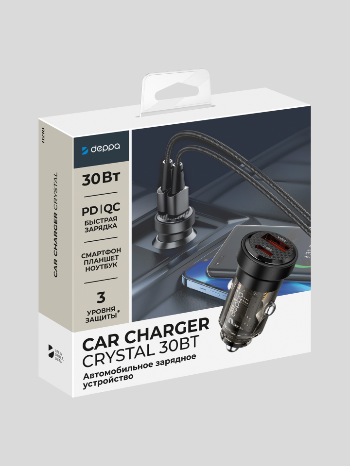 Автомобильное зарядное устройство Deppa Crystal USB-A + USB-C 30W (Black)