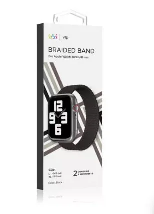 Ремешок нейлоновый плетёный VLP для Apple Watch 38/40/41, L/XL, 2шт, чёрный