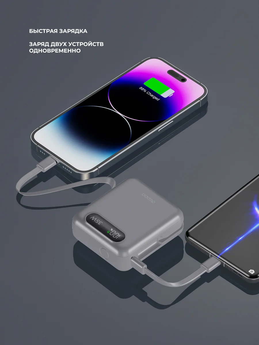 Внешний АКБ NRG Turbo Cable 10000 mAh, 35Вт, графит, Deppa