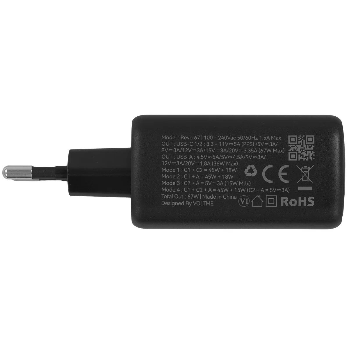 Адаптер VOLTME Revo 67CCA GaN 2xUSB-C + USB-A 67W (Black)